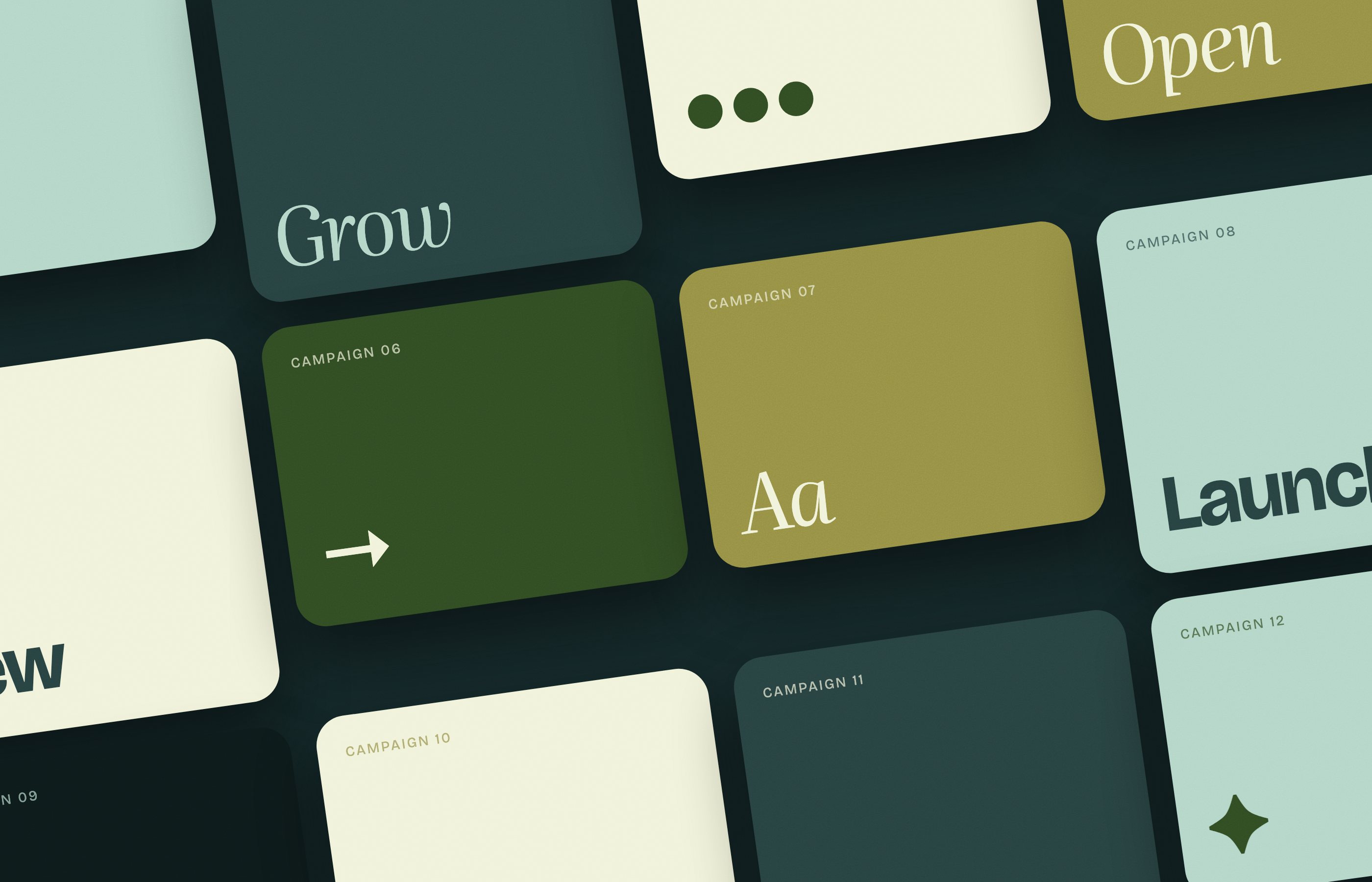 An illustrative campaign board of colored cards laid out in a grid.