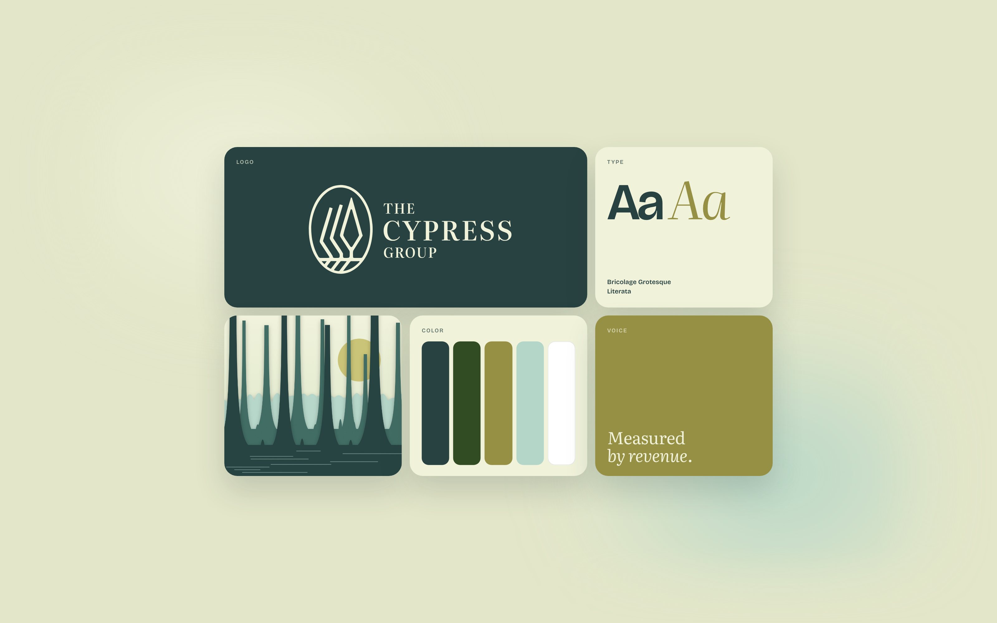 A brand system on one board: the firm’s logo, its two typefaces, its colors, a paper-cut cypress illustration, and a line in its voice.