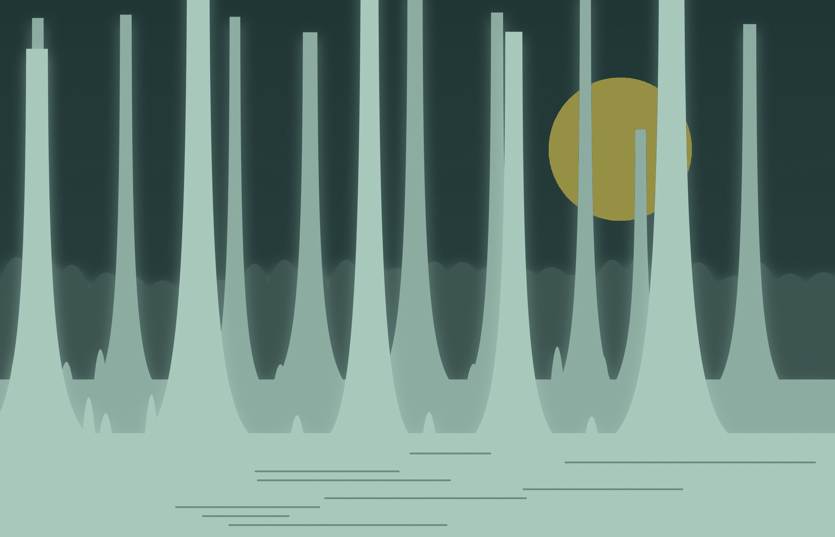 A paper-cut illustration of cypress trees at night, in the firm’s teal and mint.