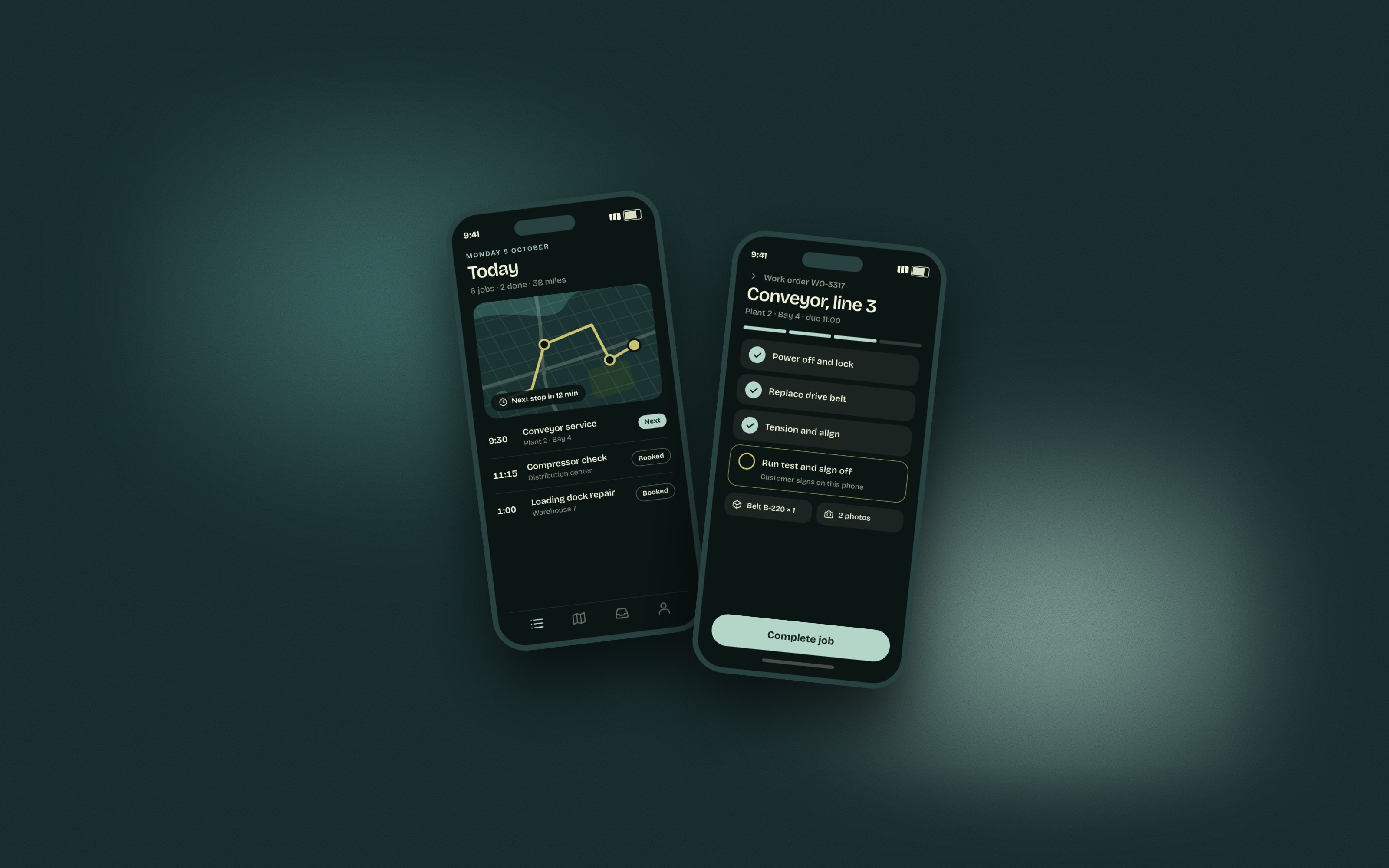 Two phones showing an illustrative field service app: the day’s route and jobs, and a work order with its steps ticked off.