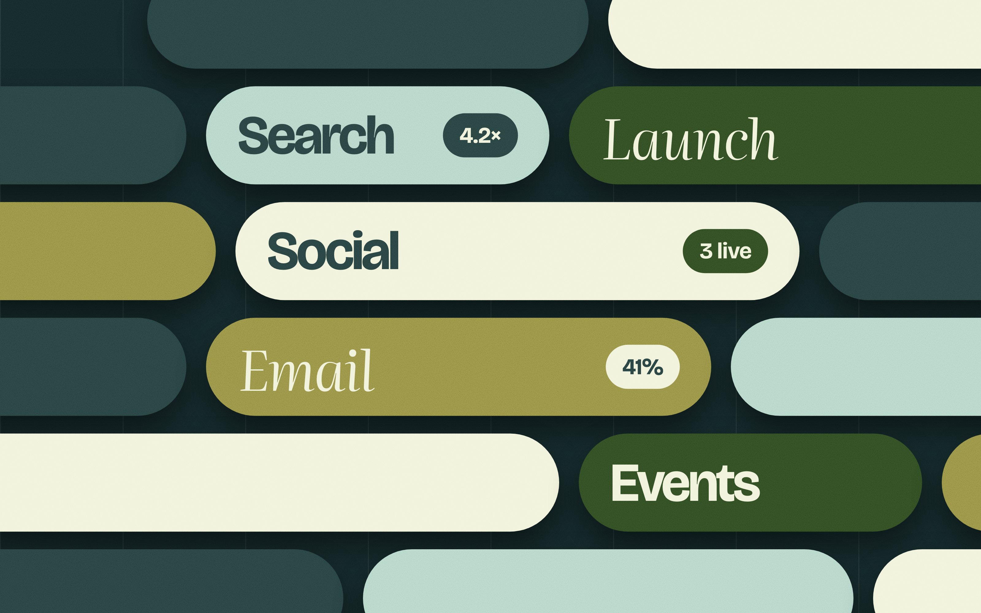An illustrative campaign schedule: colored bars for search, social, email and events running across the weeks, some marked with what they returned.