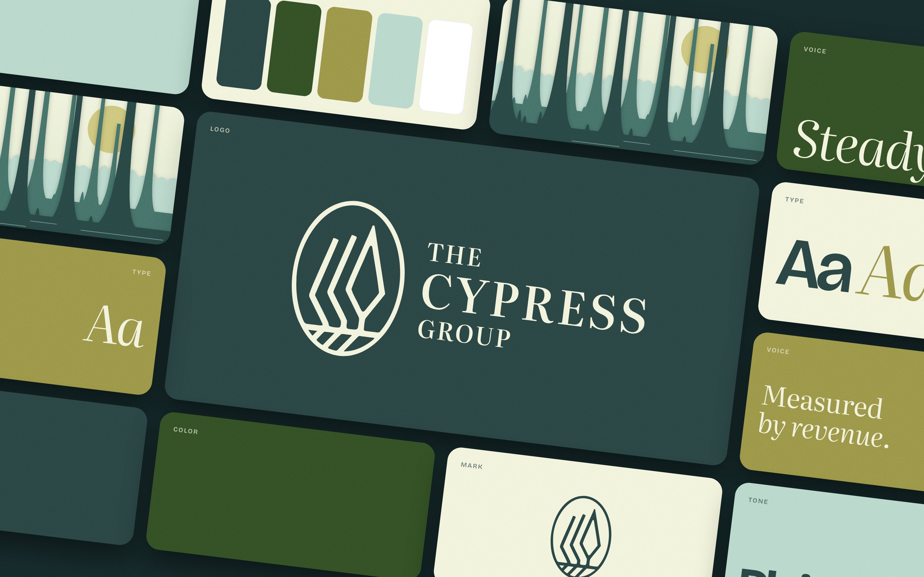 The pieces of a brand system laid out as cards: the firm’s logo and mark, its two typefaces, its colors, a paper-cut cypress illustration, and lines in its voice.